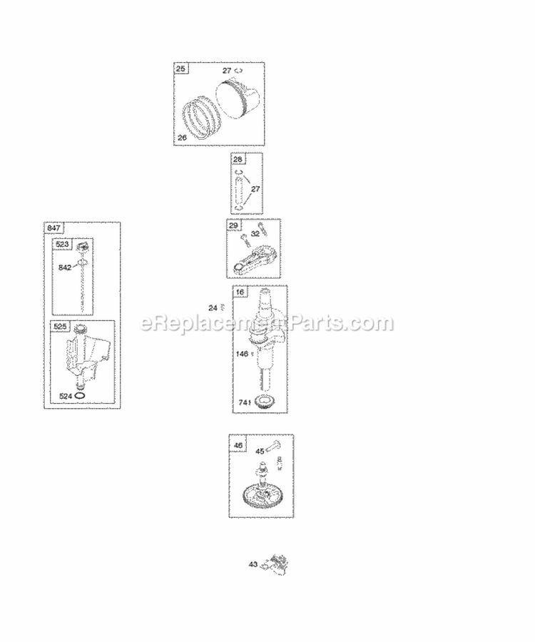 Cams Crankshaft Oil Piston Diagram and Parts List for 212802-0110-E1  Briggs and Stratton Engine